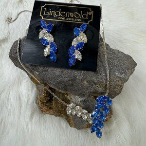 Vintage Lindenwold Necklace & Earring Set Blue/Clear Rhinestones Silver Tone NEW